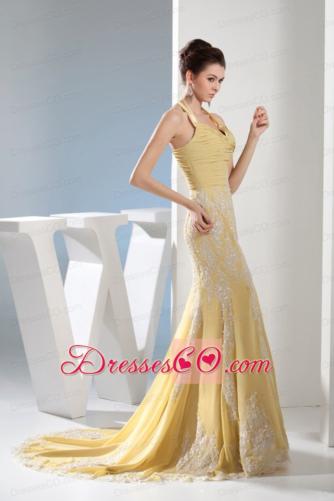 Appliques Mermaid Halter Gold Brush Train Prom Dress