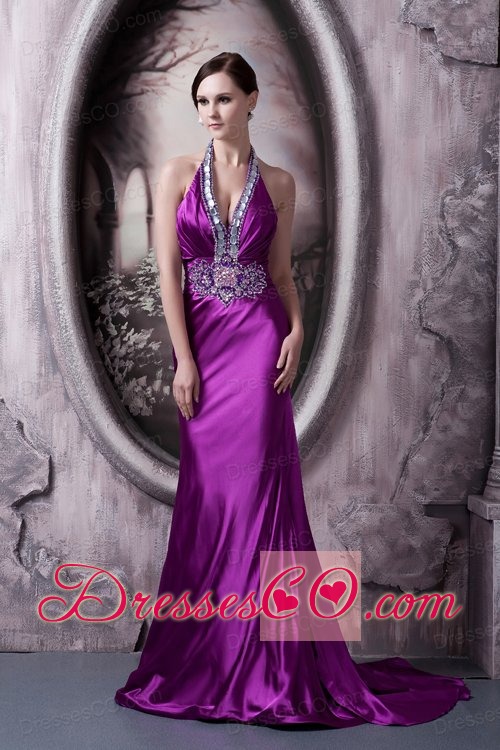 Affordable Eggplant Purple Evening Dress Column Halter Silk Like Satin Beading and Appliques Brush Train