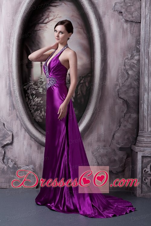 Affordable Eggplant Purple Evening Dress Column Halter Silk Like Satin Beading and Appliques Brush Train