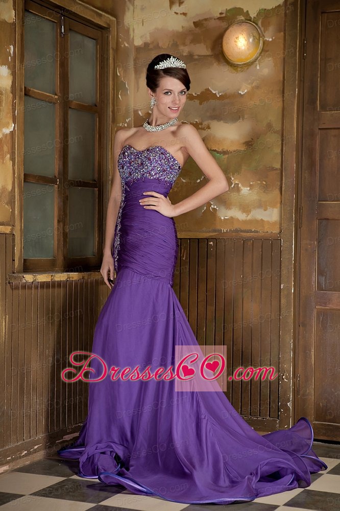 Purple Mermaid Brush Train Chiffon Beading Prom Dress