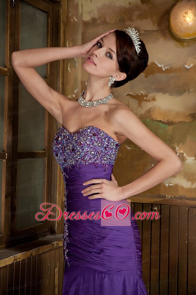 Purple Mermaid Brush Train Chiffon Beading Prom Dress