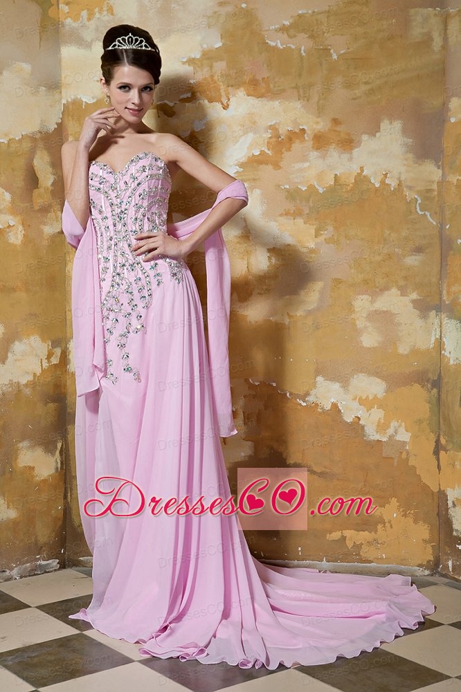 Rose Pink Empire Brush Train Chiffon Beading Prom Dress
