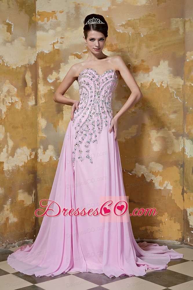 Rose Pink Empire Brush Train Chiffon Beading Prom Dress