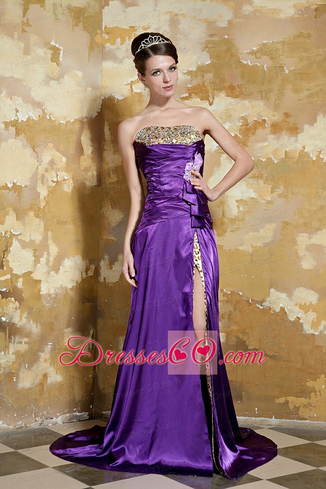 Purple Column Strapless Brush Train Elastic Woven Satin and Leopard Beading Prom Dress