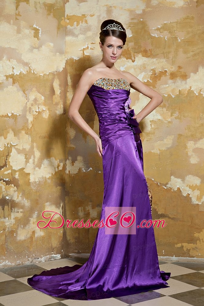 Purple Column Strapless Brush Train Elastic Woven Satin and Leopard Beading Prom Dress