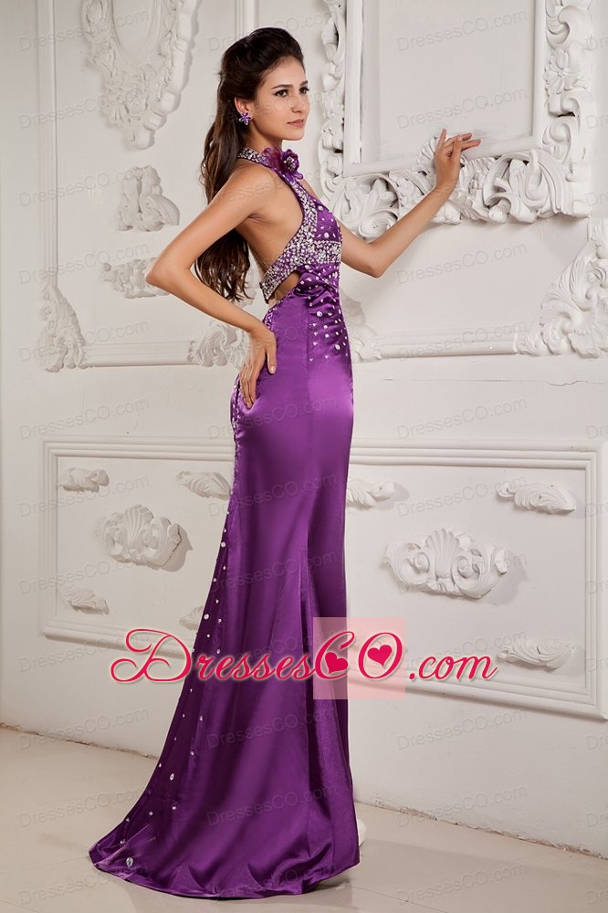 Elegant Eggplant Purple Evening Dress Mermaid Halter Satin Beading Brush Train