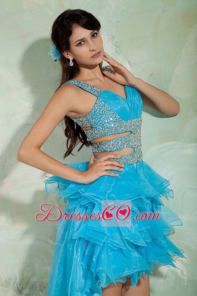 Pretty Sky Blue A-line / Princess Straps High-low Prom Dress Organza Beading