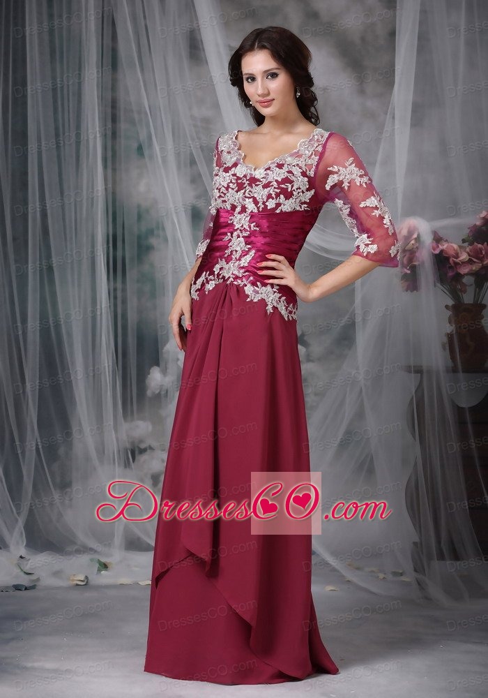 Red Column / Sheath V-neck Long Chiffon Appliques Mother Of The Bride Dress