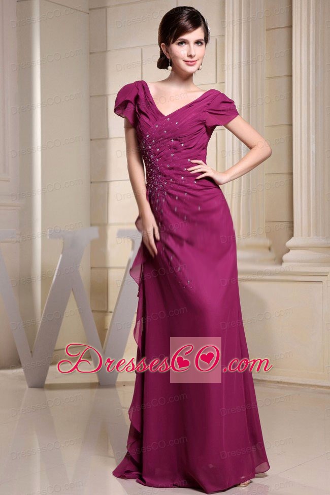 V-neck and Short Sleeves For Mother Of The Bride Dress With Beading