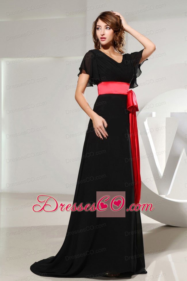 Black Prom Dress With Sash Short Sleeves and Brush Train