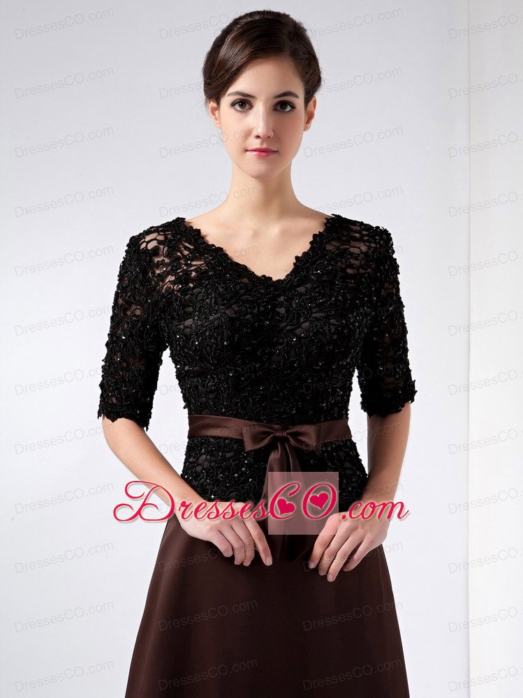 Brown Column V-neck Ankle-length Taffeta And Lace Beading Mother Of The Bride Dress