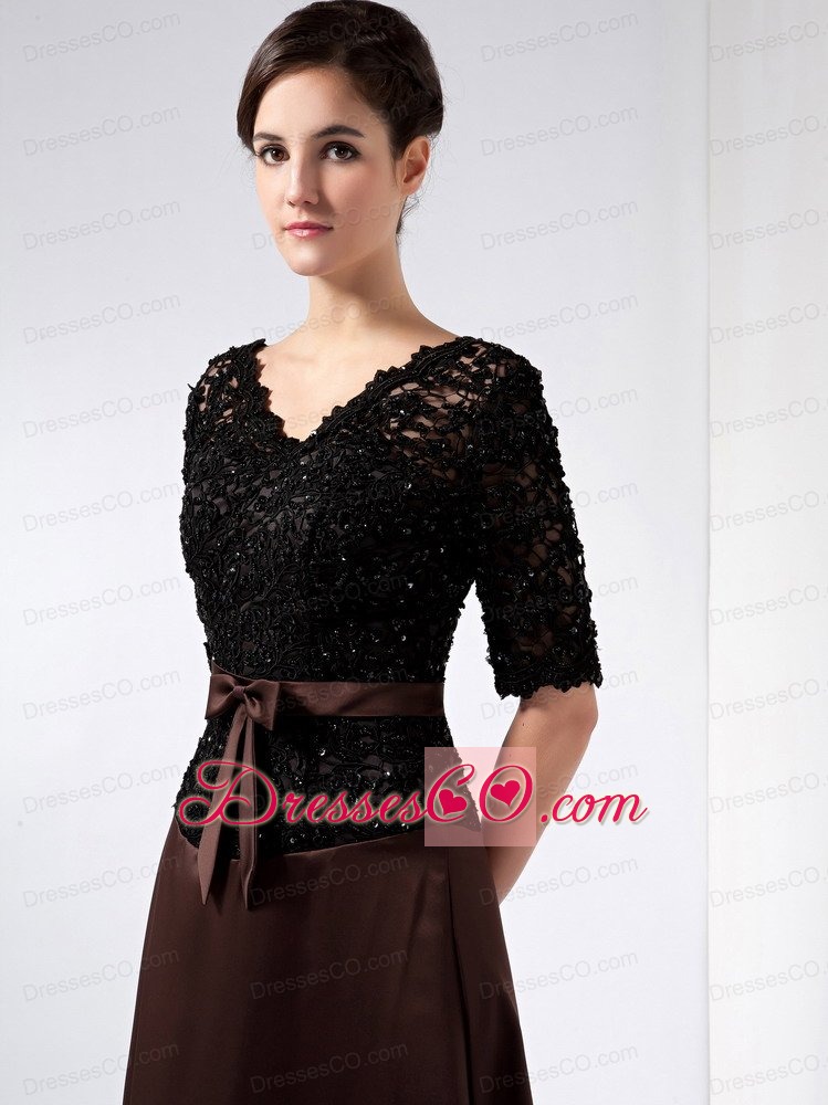 Brown Column V-neck Ankle-length Taffeta And Lace Beading Mother Of The Bride Dress