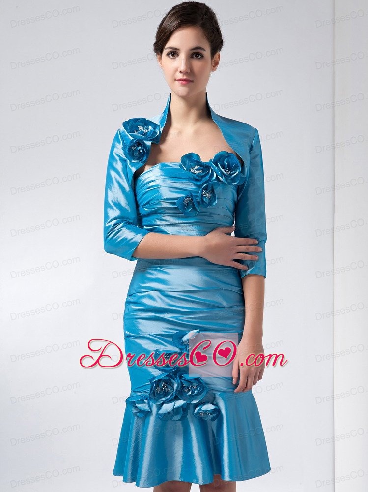 Sweet Baby Blue Column Strapless Knee-length Taffeta Hand Made Flowers Prom Dress