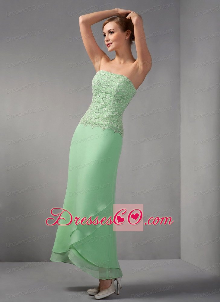 Apple Green Column Strapless Ankle-length Chiffon Appliques Mother Of The Bride Dress