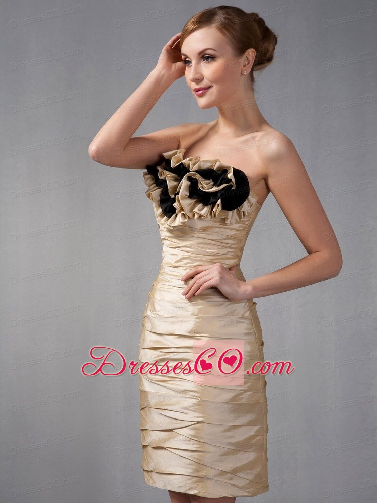 Champagne Column Strapless Mini-length Taffeta Ruche And Hand Made Flowers Mother Of The Bride Dress