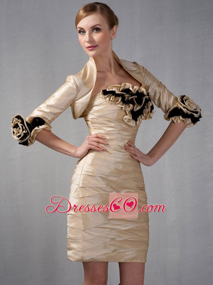 Champagne Column Strapless Mini-length Taffeta Ruche And Hand Made Flowers Mother Of The Bride Dress