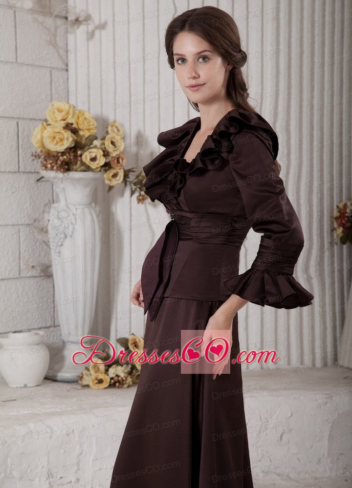 Brown A-line V-neck Long Satin Beading Mother Of The Bride Dress