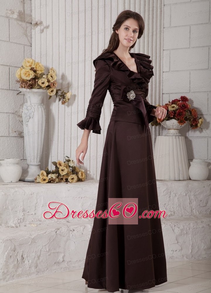 Brown A-line V-neck Long Satin Beading Mother Of The Bride Dress