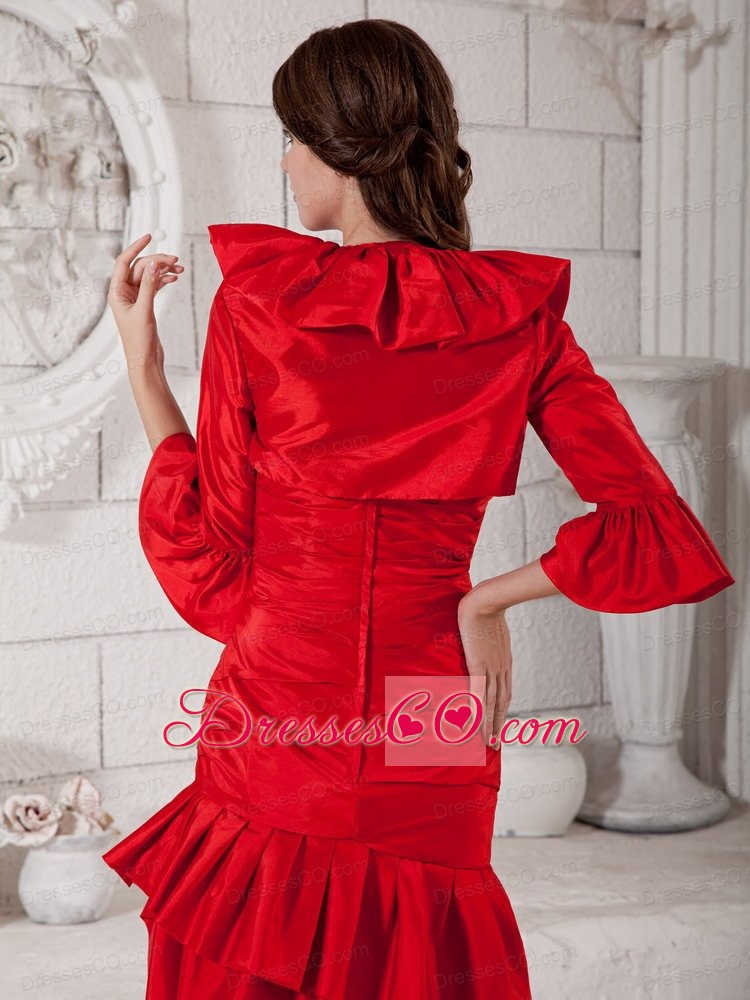 Red Column Knee-length Taffeta Ruched Mother Of The Bride Dress