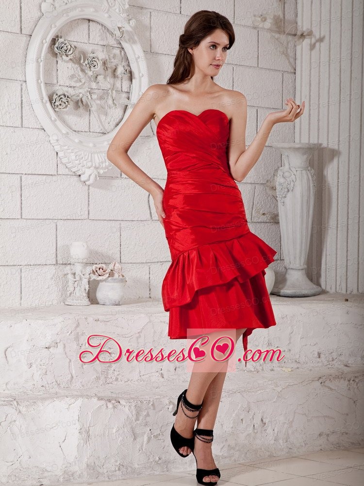 Red Column Knee-length Taffeta Ruched Mother Of The Bride Dress