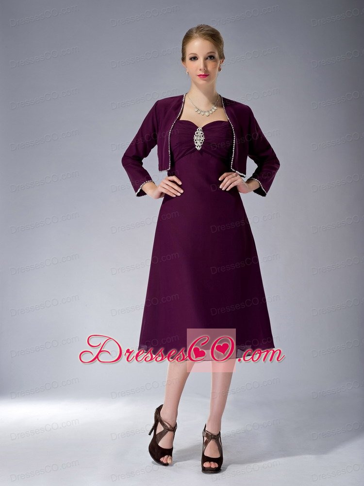 Burgundy A-line Straps Knee-length Chiffon Beading Mother Of The Bride Dress