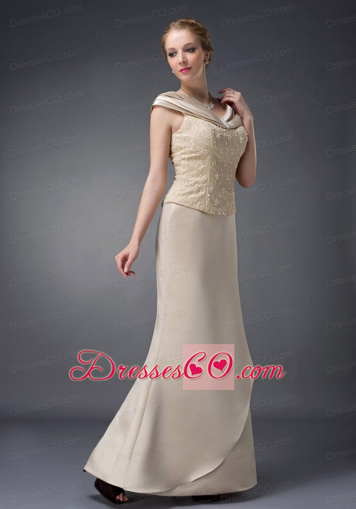 Champagne Column V-neck Long Satin Lace And Beading Mother Of The Bride Dress
