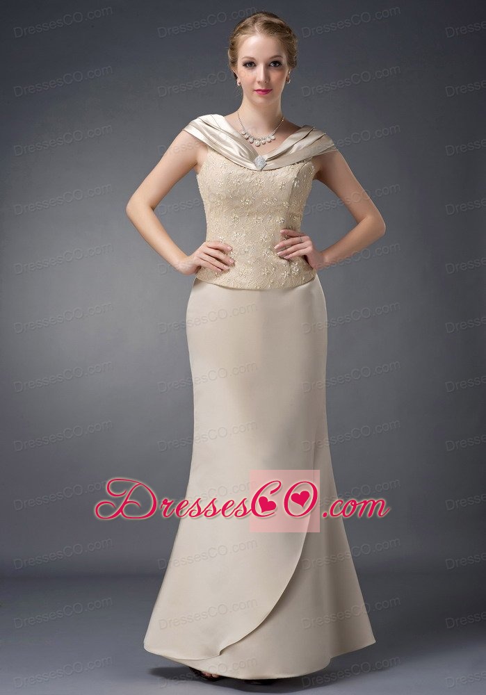 Champagne Column V-neck Long Satin Lace And Beading Mother Of The Bride Dress