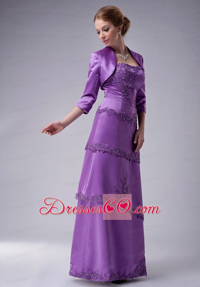 Purple Empire Strapless Long Satin Appliques Mother Of The Bride Dress