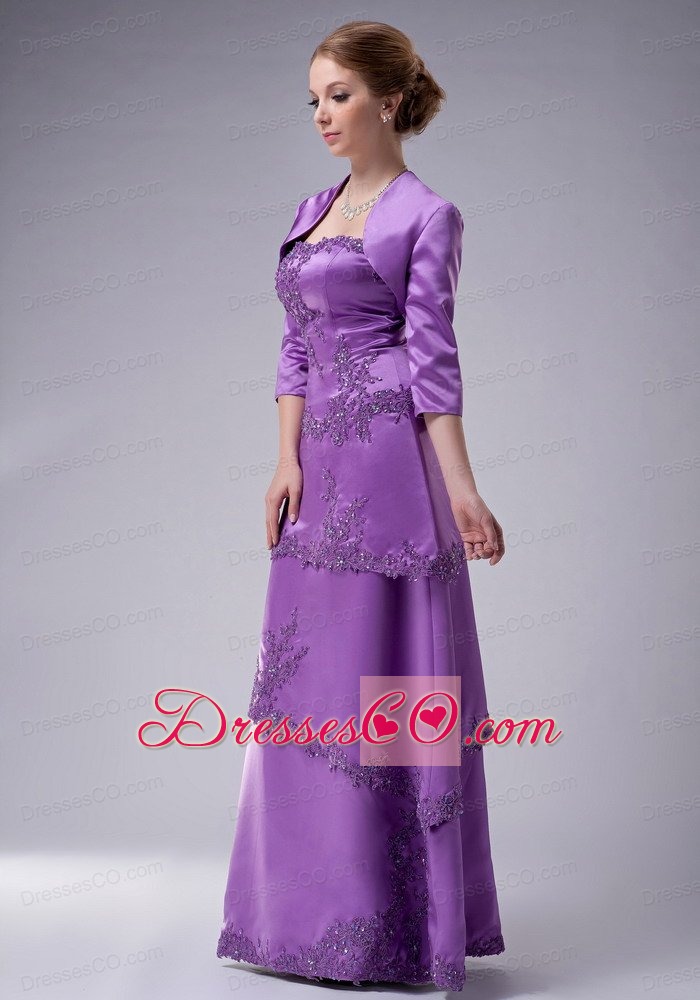 Purple Empire Strapless Long Satin Appliques Mother Of The Bride Dress