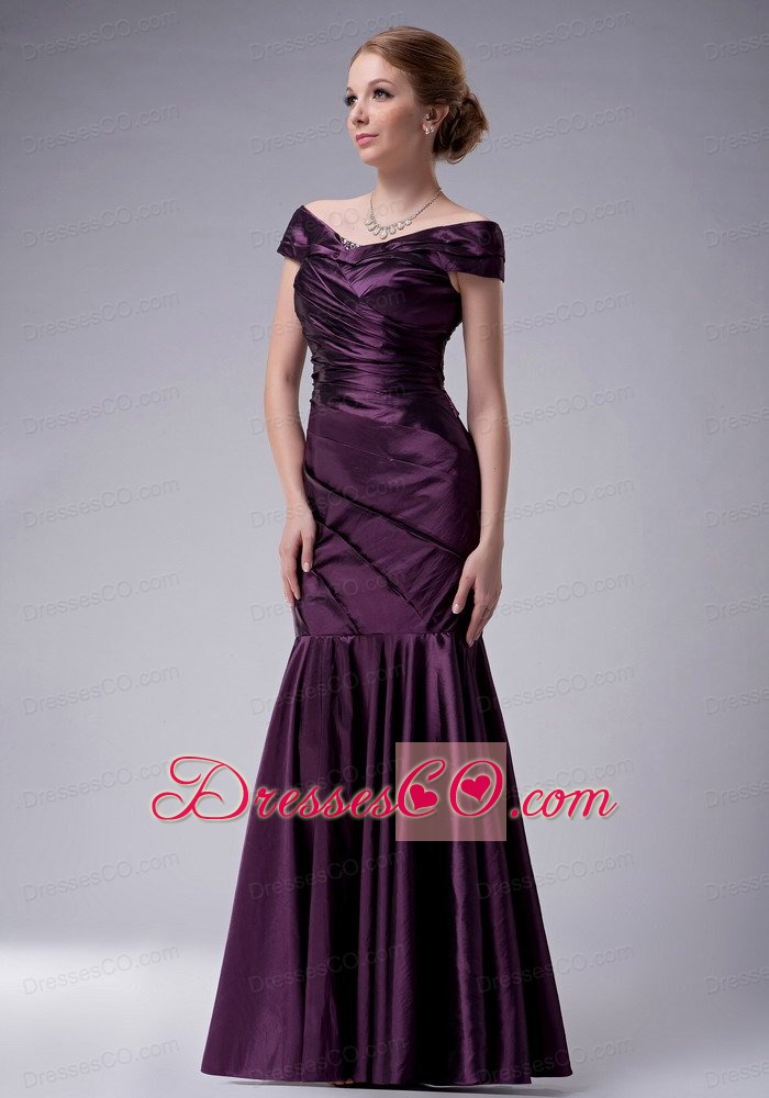 Purple Mermaid Off The Shoulder Long Taffeta Ruched Mother Of The Bride Dress