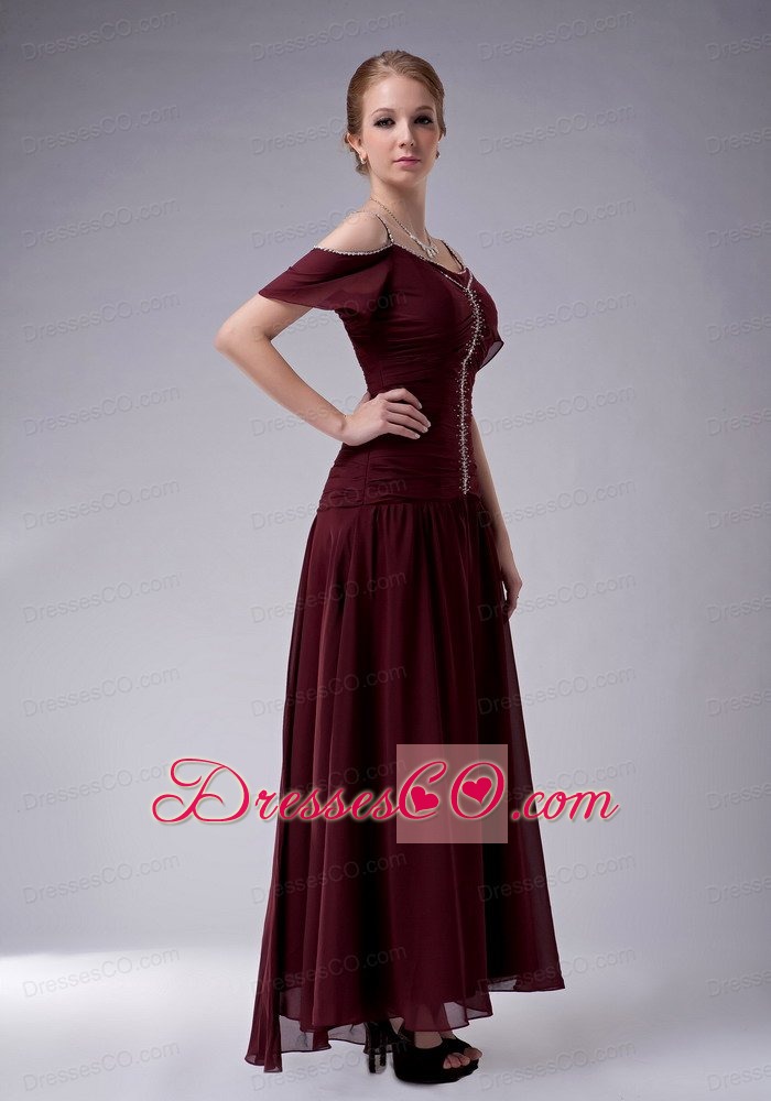 Burgundy Empire Straps Ankle-length Chiffon Beading Mother Of The Bride Dress