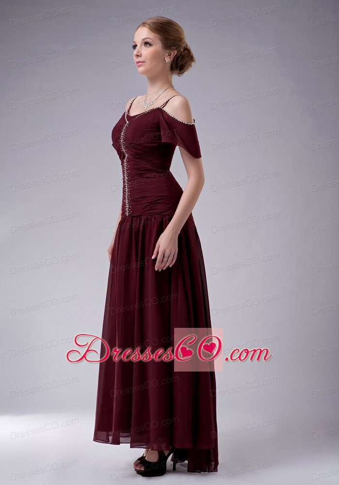 Burgundy Empire Straps Ankle-length Chiffon Beading Mother Of The Bride Dress
