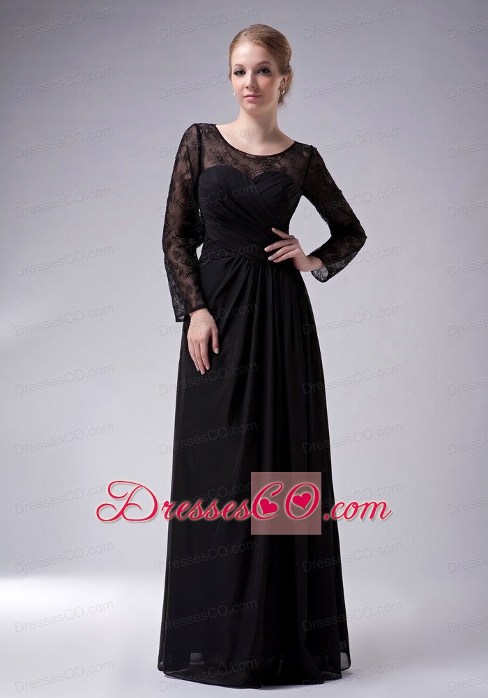 Black Empire Scoop Long Chiffon Ruched Mother Of The Bride Dress