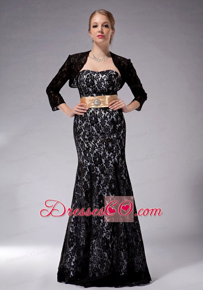 Black Column Strapless Long Lace Sashes Mother Of The Bride Dress