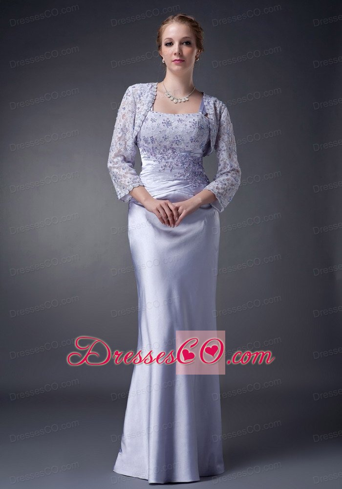 Lilac Column Straps Long Satin Appliques Mother Of The Bride Dress