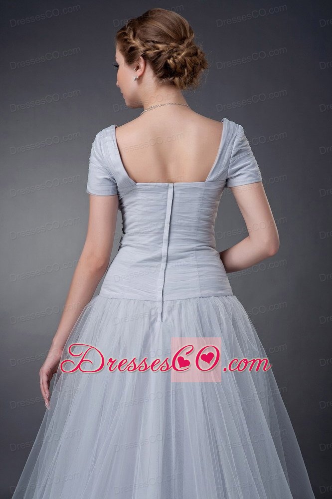 Gray A-line Square Brush Train Tulle Appliques Mother Of The Bride Dress