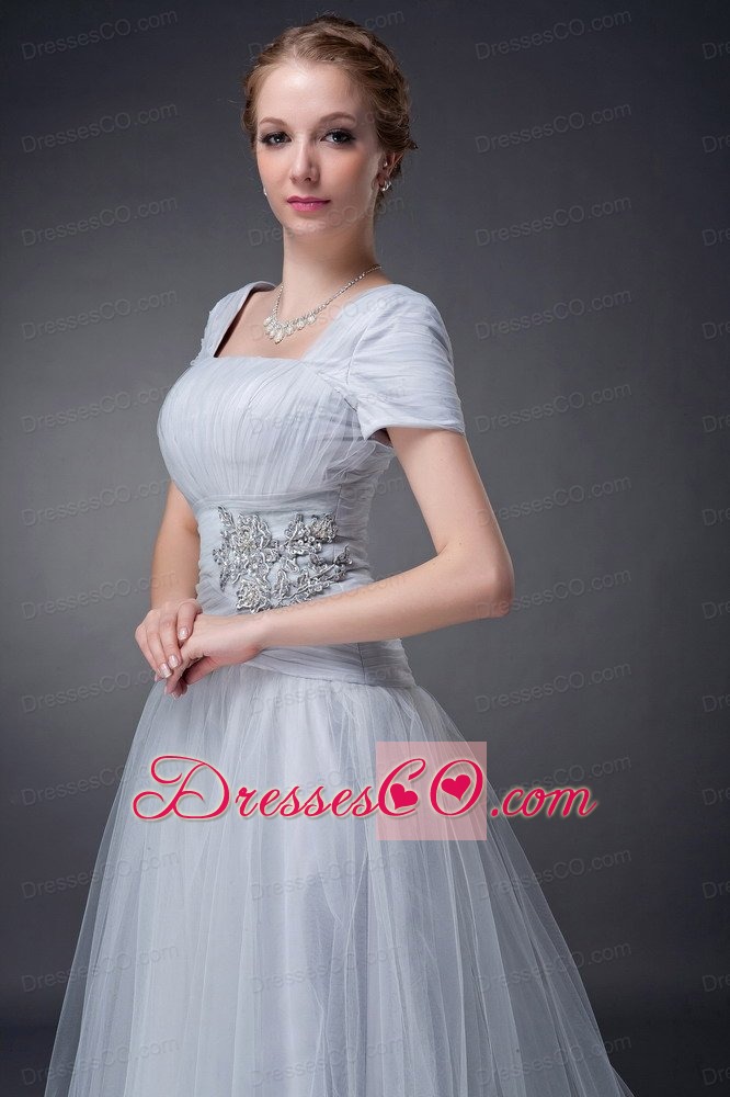 Gray A-line Square Brush Train Tulle Appliques Mother Of The Bride Dress