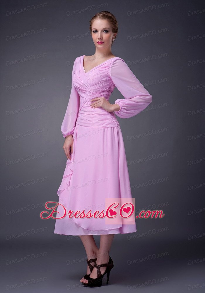 Pink Empire V-neck Tea-length Chiffon Ruched Mother Of The Bride Dress