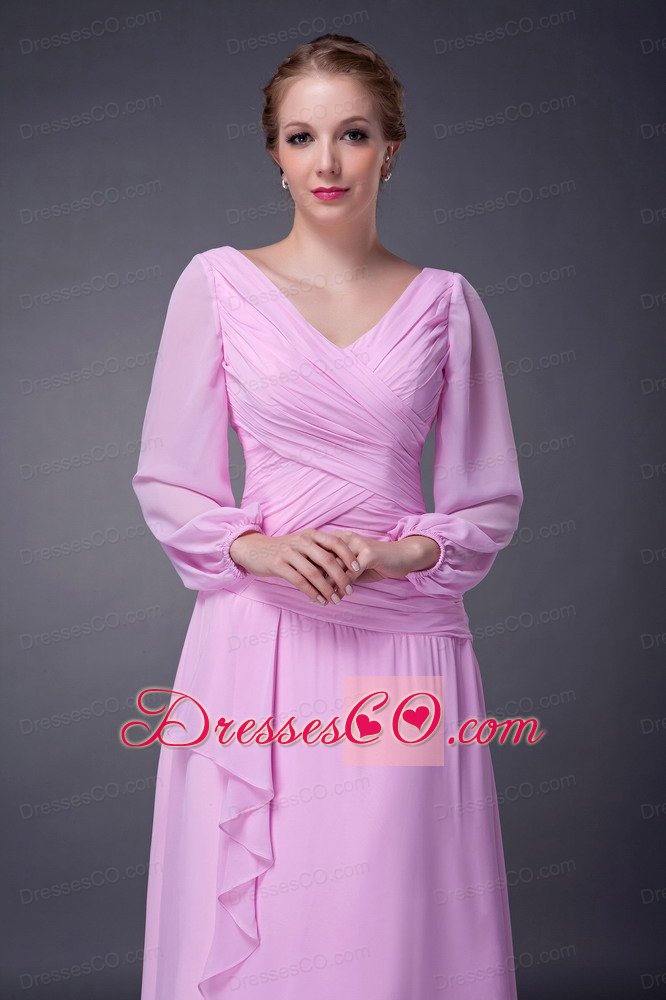 Pink Empire V-neck Tea-length Chiffon Ruched Mother Of The Bride Dress