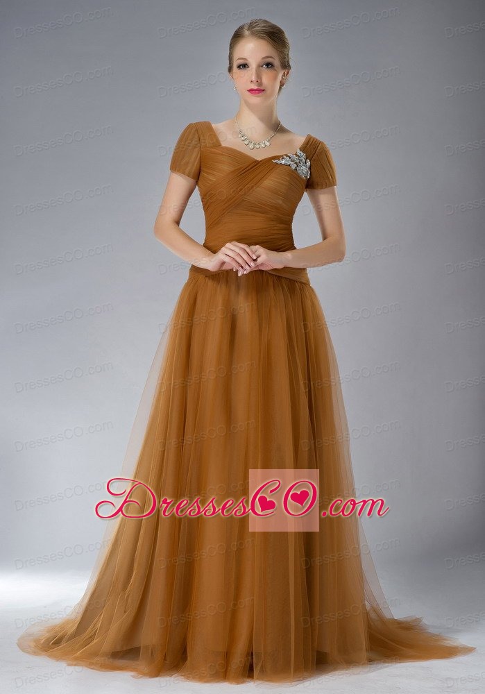 Brown Empire Square Brush Train Tulle Appliques Mother Of The Bride Dress