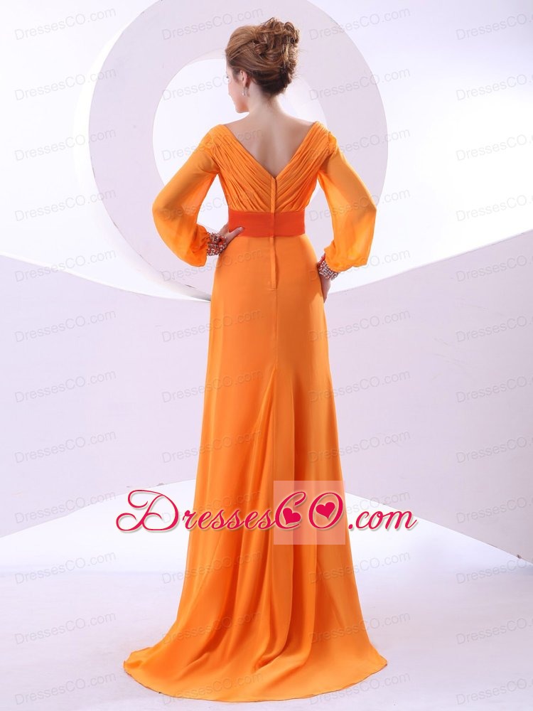V-neck Beading and Ruching Decorate Bodice Long Sleeves Orange Chiffon Brush Train Prom Dress