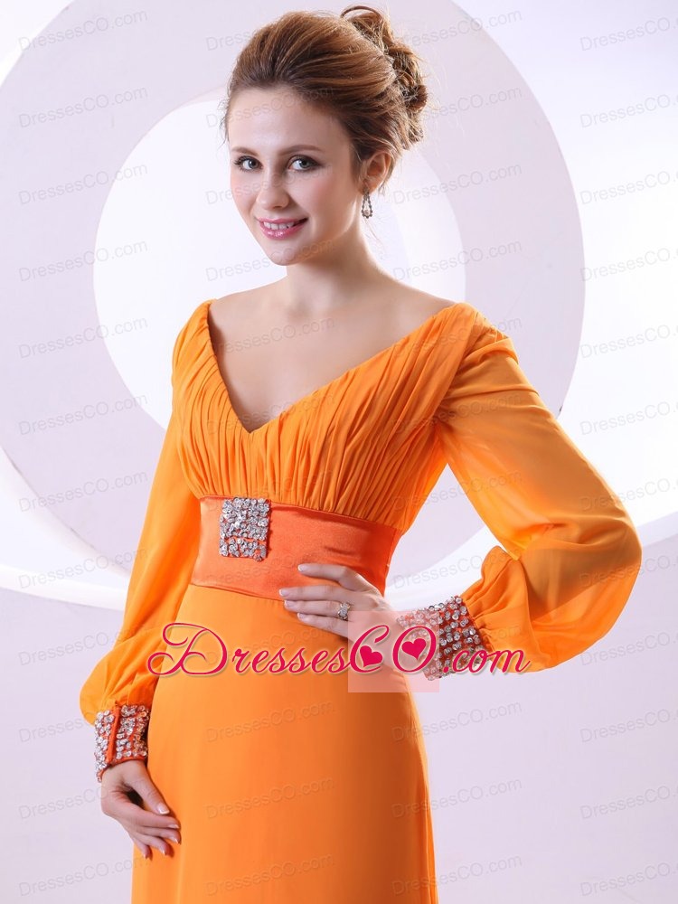 V-neck Beading and Ruching Decorate Bodice Long Sleeves Orange Chiffon Brush Train Prom Dress