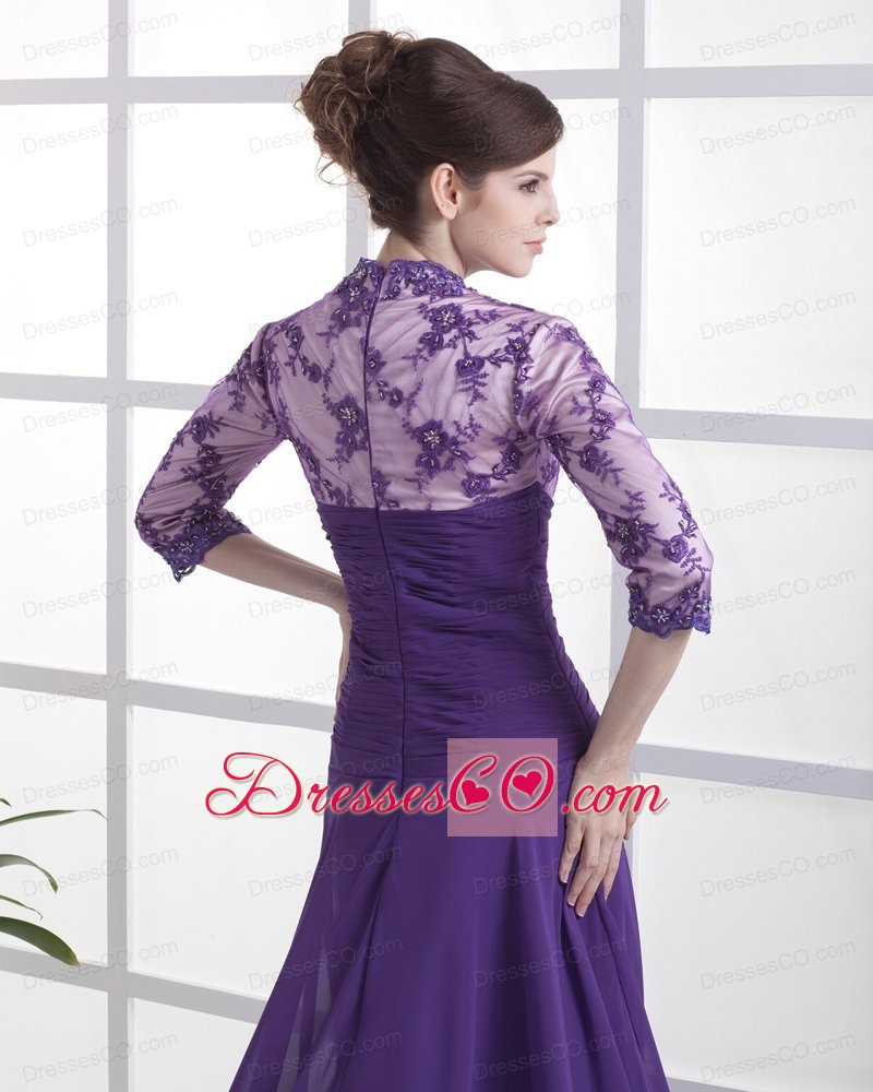 Lace With Beading Decorate Up Bodice V-neck 3/ 4 Sleeves Purple Brush Train Prom Dress