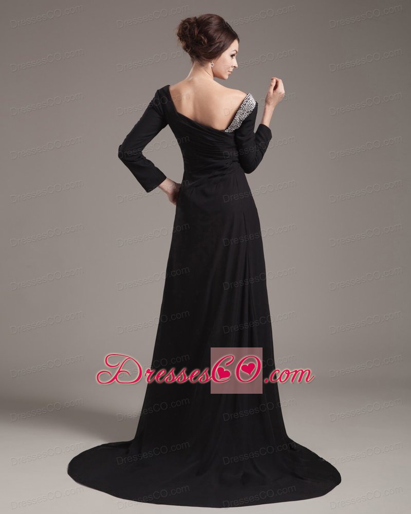 Beading Decorate Bodice High Slit Off The Shoulder Black Chiffon Brush Train Long Sleeves Prom Dress