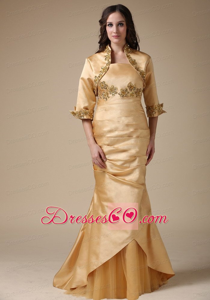 Gold Mermaid Strapless Brush Train Taffeta Appliques and Ruches Mother Of The Bride Dress