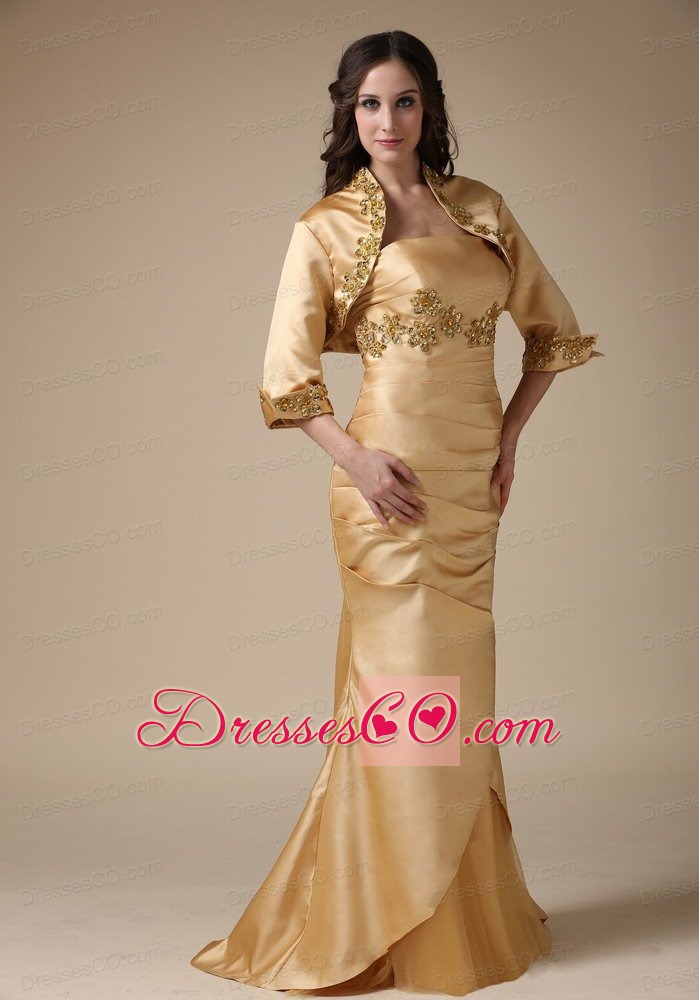 Gold Mermaid Strapless Brush Train Taffeta Appliques and Ruches Mother Of The Bride Dress