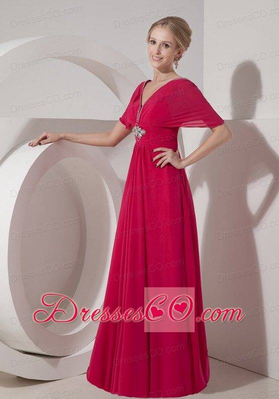 Coral Red Column V-neck Long Chiffon Beading Prom Dress