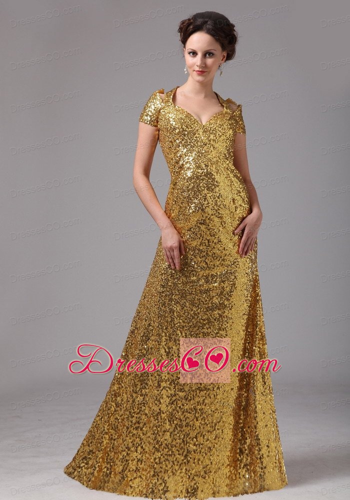 Gold Paillette Over Skirt V-neck Cap Sleeves Prom Dress For Celebrity