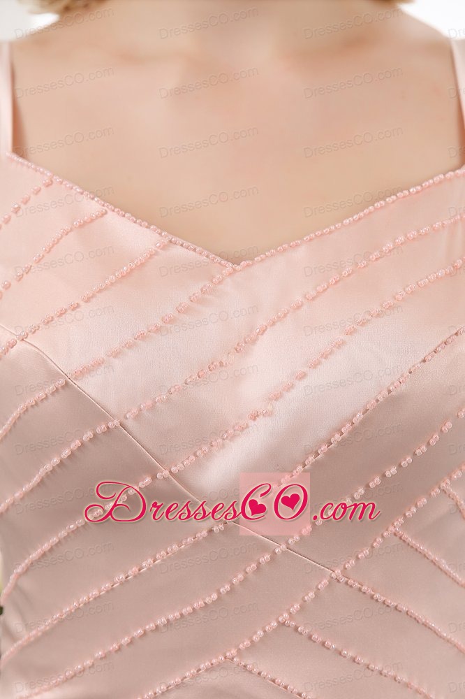 Pink Column Straps Mini-length Taffeta Beading Prom Dress