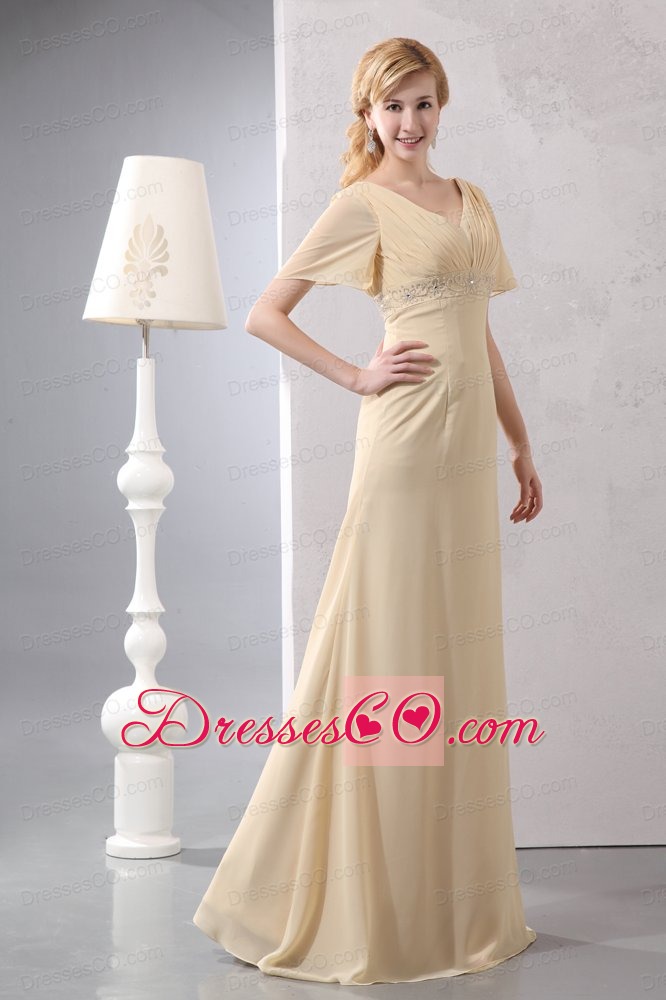 Light Yellow Empire V-neck Long Chiffon Beading Prom Dress